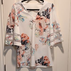 Floral V-Neck Blouse - White and Multicolor